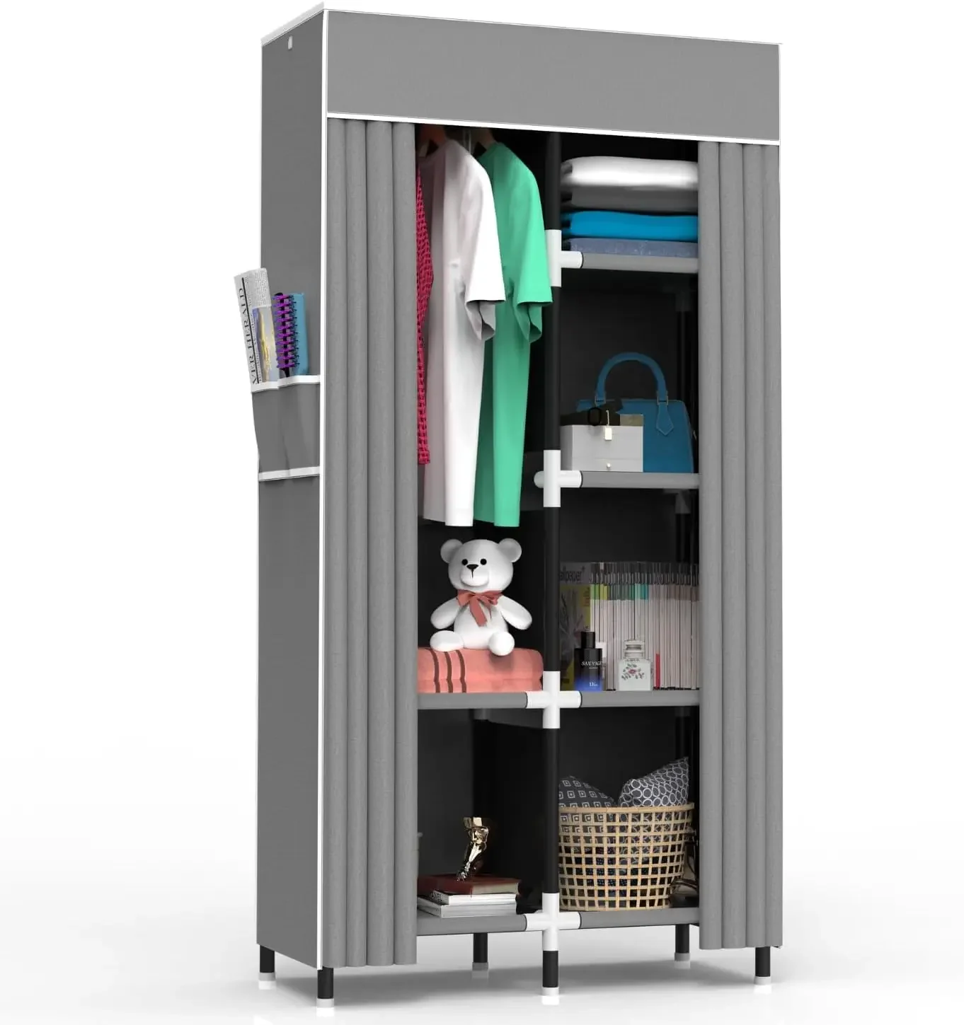 

Closet Wardrobe with 6 Storage Shelves and 1 Hanging Rack | Small Closet Clothes Organizer Portable Wardrobe Closet for Hanging