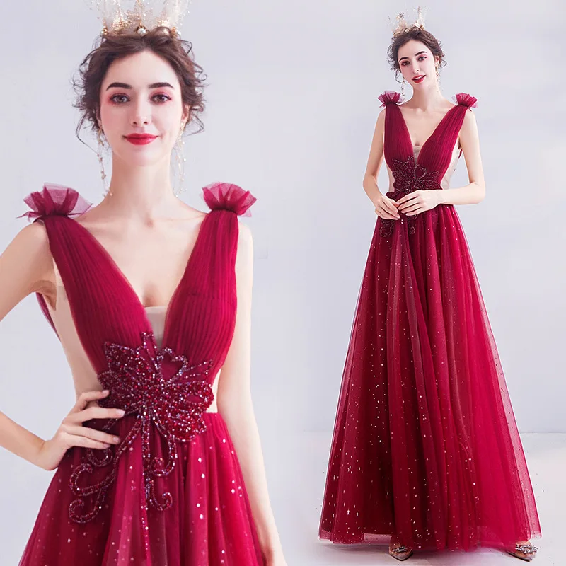 New Crystal Diamond Tutu Skirt Evening Dress Slim Waist Stitching V-Neck Sleeveless Dress Red Temperament Slim Dress