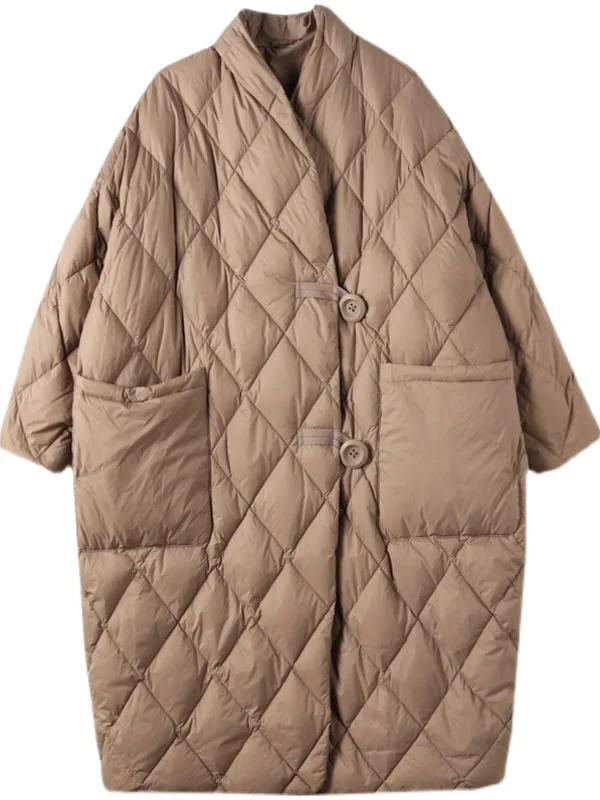 سترة خفيفة الوزن من القطن المحشو بالريش بنمط ماسي متوسطة الطول ملابس خارجية بسيطة الطراز فضفاضة بأكمام طويلة وأزرار وتفاصيل جيوب #5