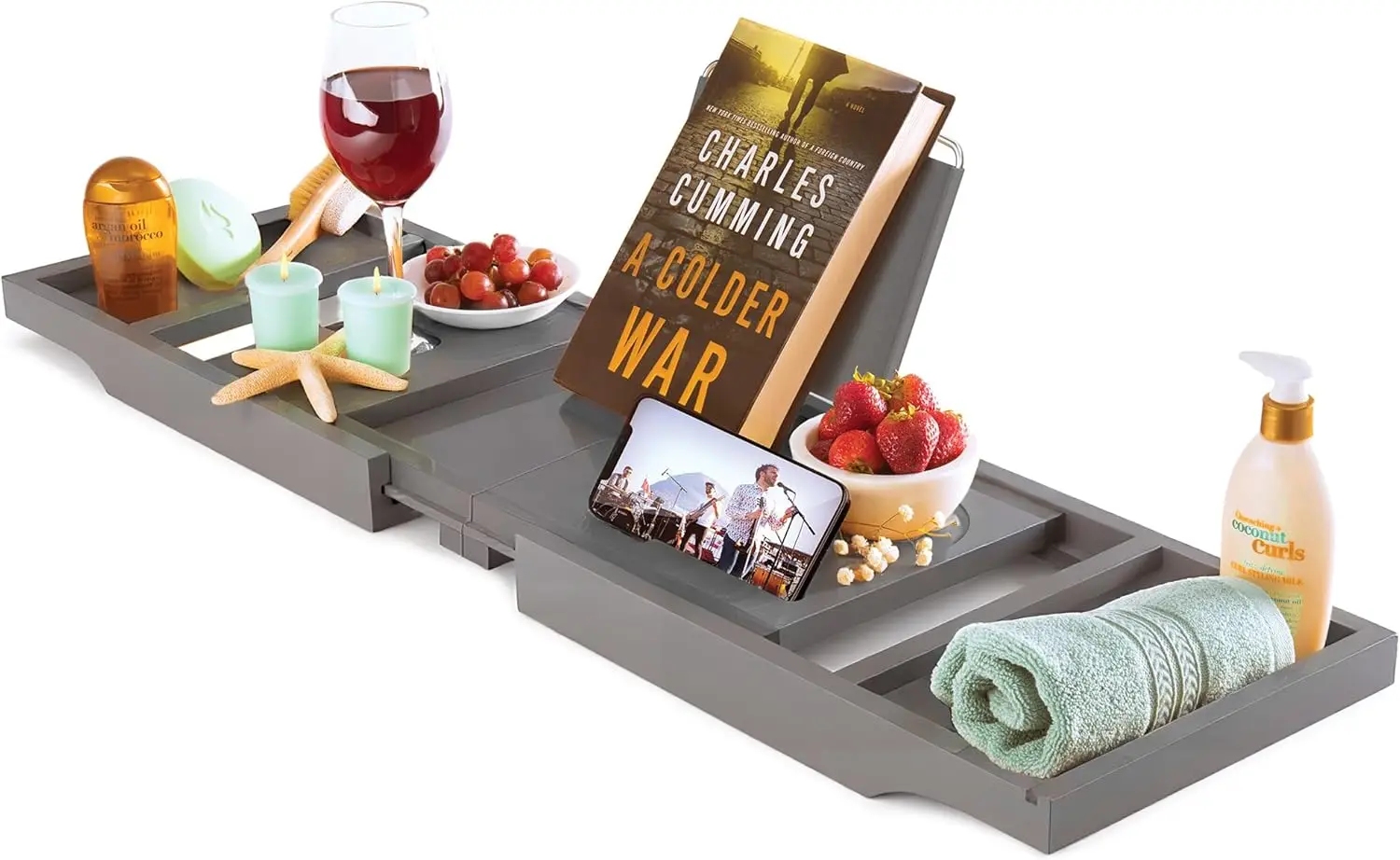 

Foldable Bamboo Wooden Bathtub Tray , Book/Tablet Stand - Bath Caddy, Accessories, Tub Table(Charcoal Grey)