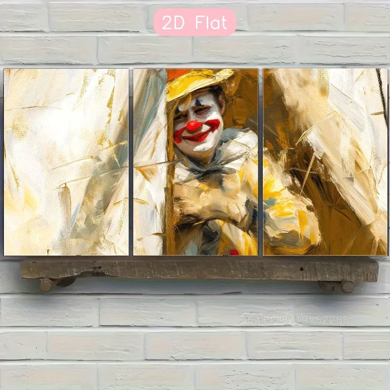 Plano 2D, carteles de lona enmarcados de 3 piezas, presentación estética espacial perfecta, impresión de arte de payaso vintage, pared de tienda de circo juguetona a