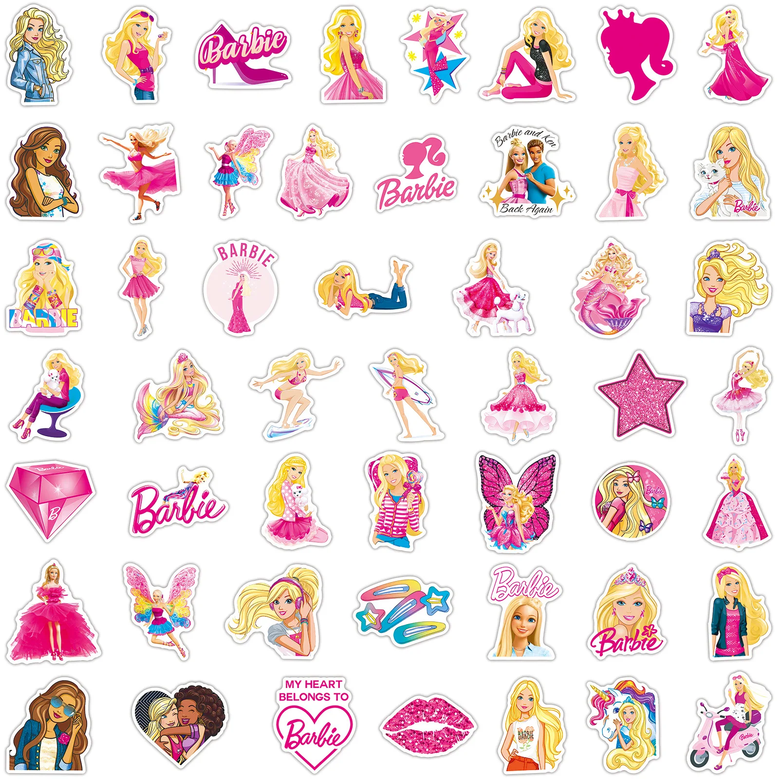 Autocollant de dessin animé princesse Barbie, décoration étanche pour téléphone portable, cahier de bricolage, nouveau, 50 pièces