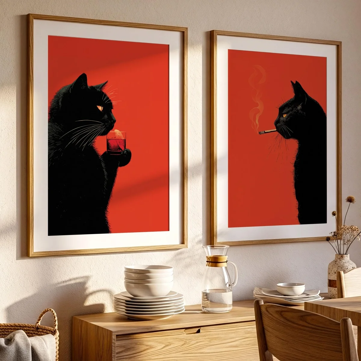 2pcs/set Whimsical Black Cat Canvas Print Poster Smoking Cat & Cocktail Cat Vintage Funny Animal Prints Bar Kitchen Home Decor
