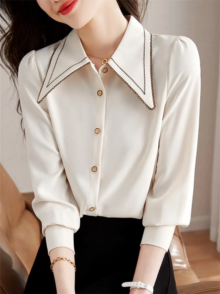 French Style Apricot Dress Shirt Women Tops Spring Autumn Office Lady Elegant Chic Long Sleeve Lapel Loose Button Blouse C2388