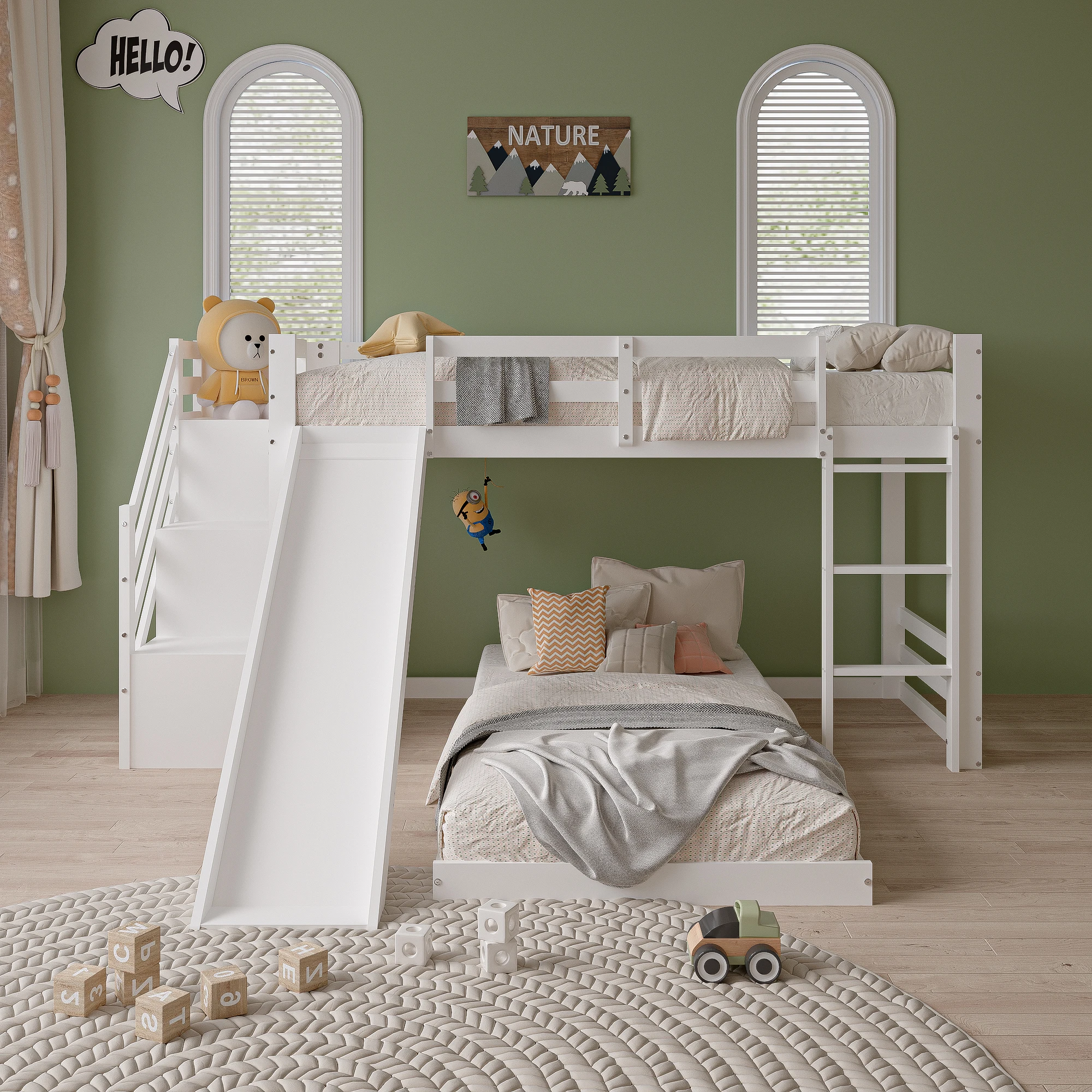 Children's Bed, Bunk Bed 90 x 200 cm with Storage Drawers, Bunk Bed with Fall Protection and Sloping Ladder, Solid Wood Bed Fram