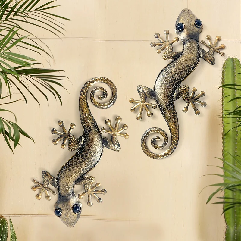 Gecko-Decoración de arte de pared de Metal, escultura colgante de arte de pared de lagarto interior y exterior para el hogar y el jardín, paquete de