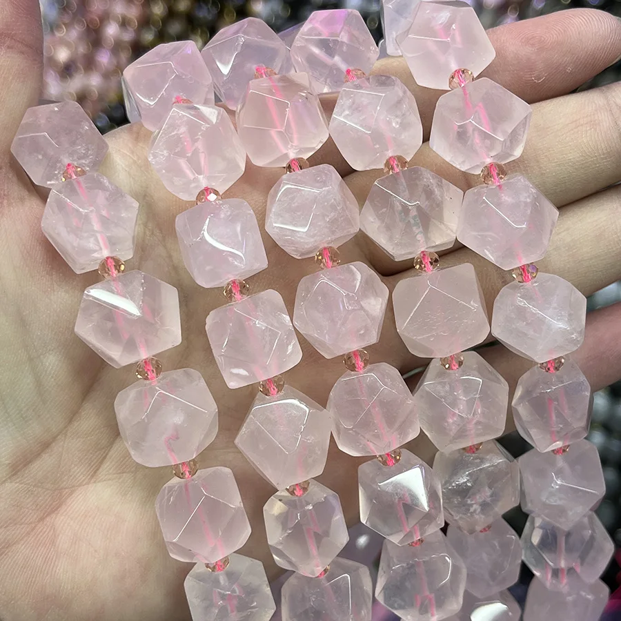

Natural Pink Crystal Handmade Faceted Lrregular Cube Loose Beads Stone For DIY Jewelry Making Bracelet Necklace 15“ 12-13mm