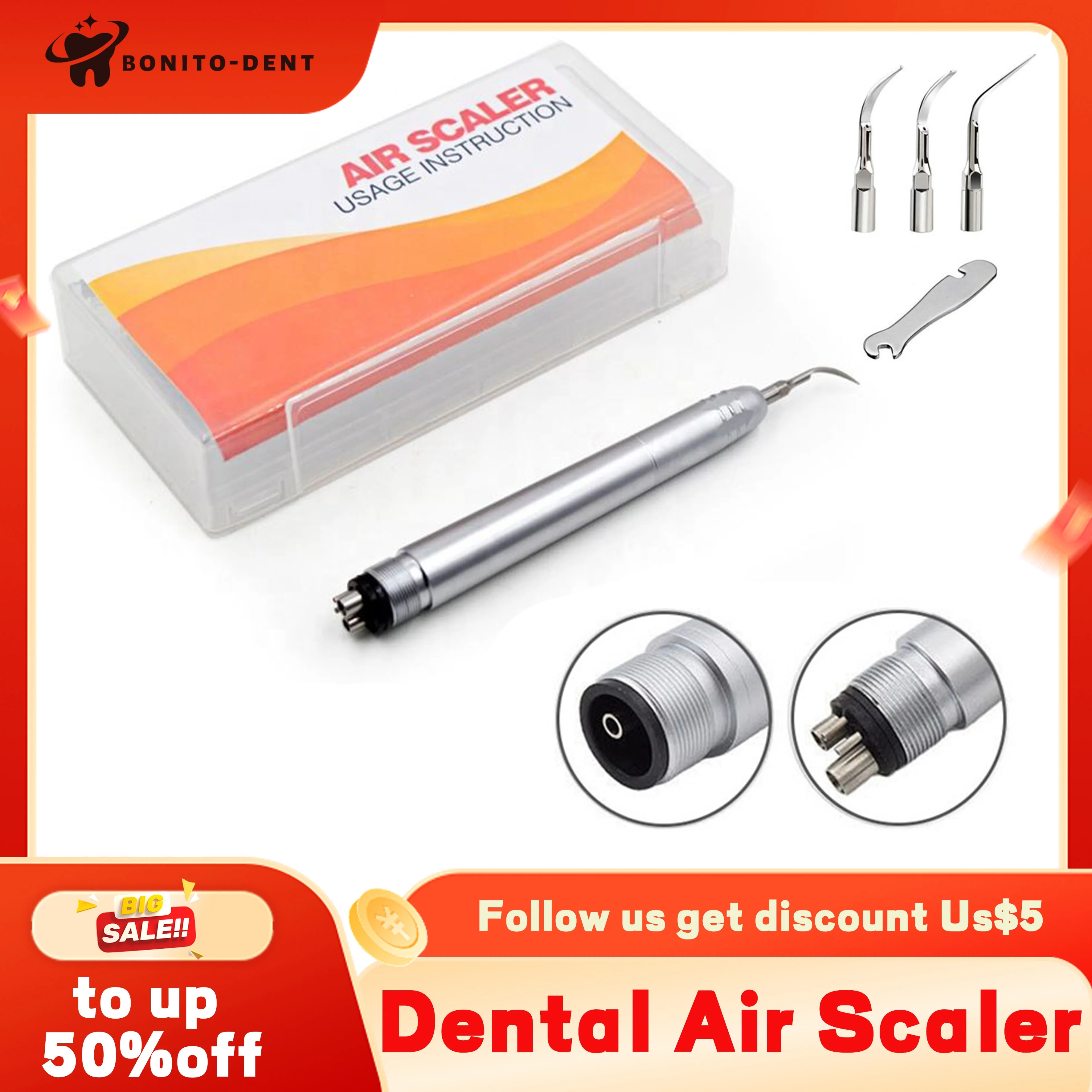 Dental Air Scaler Handpiece Dental Ultrasonic Air Scaler with 3 Tips Teeth Cleaning 2/4 Holes Handpiece Whiten Teeth Cleaner