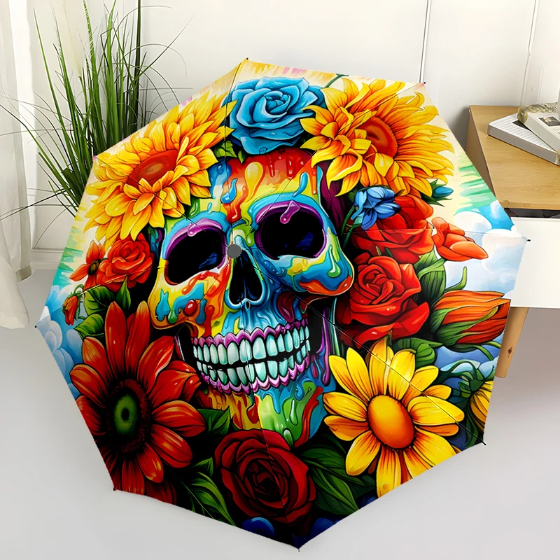 Skeleton Theme Design Folding Umbrella - Fashionable Auto-Open Design 8 Iron Ribs Plastic Handle Foldable Sunshade，Perfect Gifts