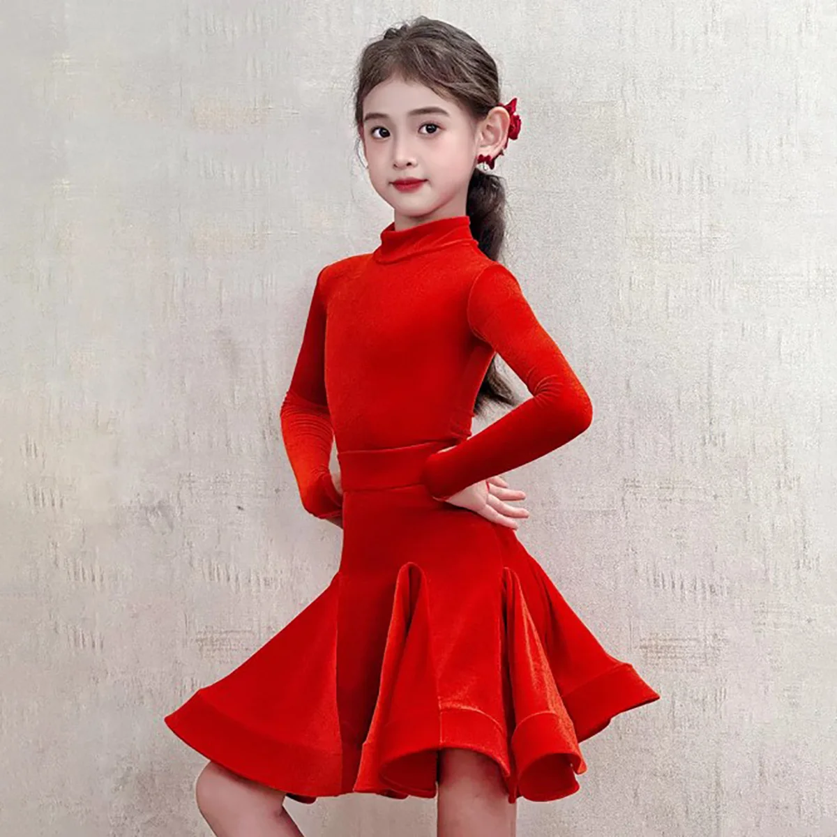 Kids Girls Latin Dance Costume Velvet Long Sleeve Bodysuit and Large Fishbone Skirt Children's Rumba Sumba Competition Dress