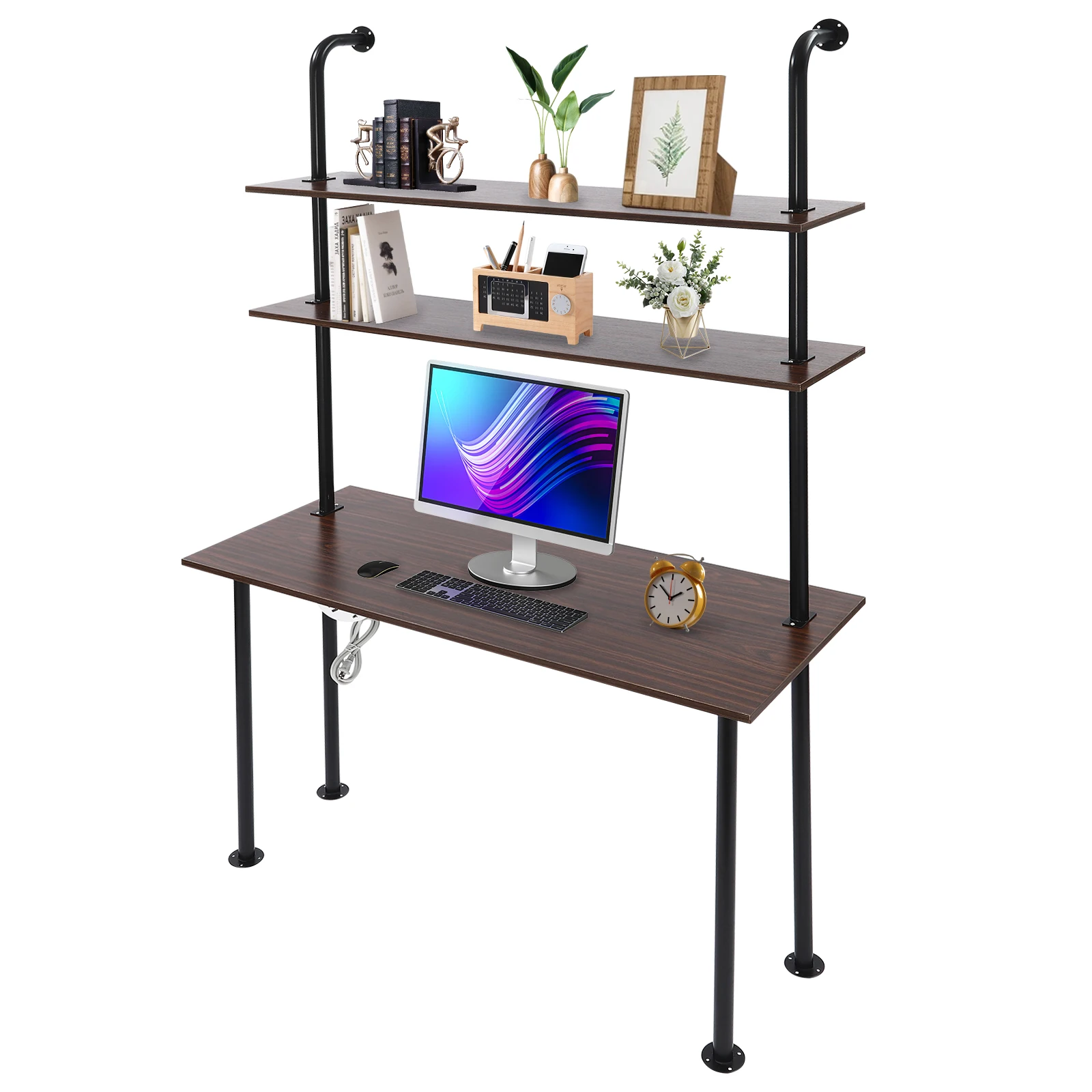 2-Shelf Laptop Desk with Shelves Wall Mount Desk with Power Strip Modern Computer Writing Table for Work Platform Ladder Desk