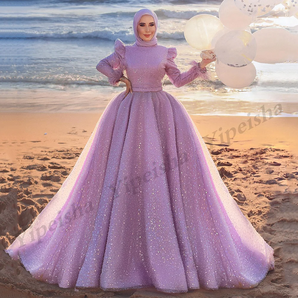 Stunning Ball Gown Evening Dresses Robe De Soiree Customized O Neck Feathers Long Sleeves Sequin Muslim Prom  Arabic Party