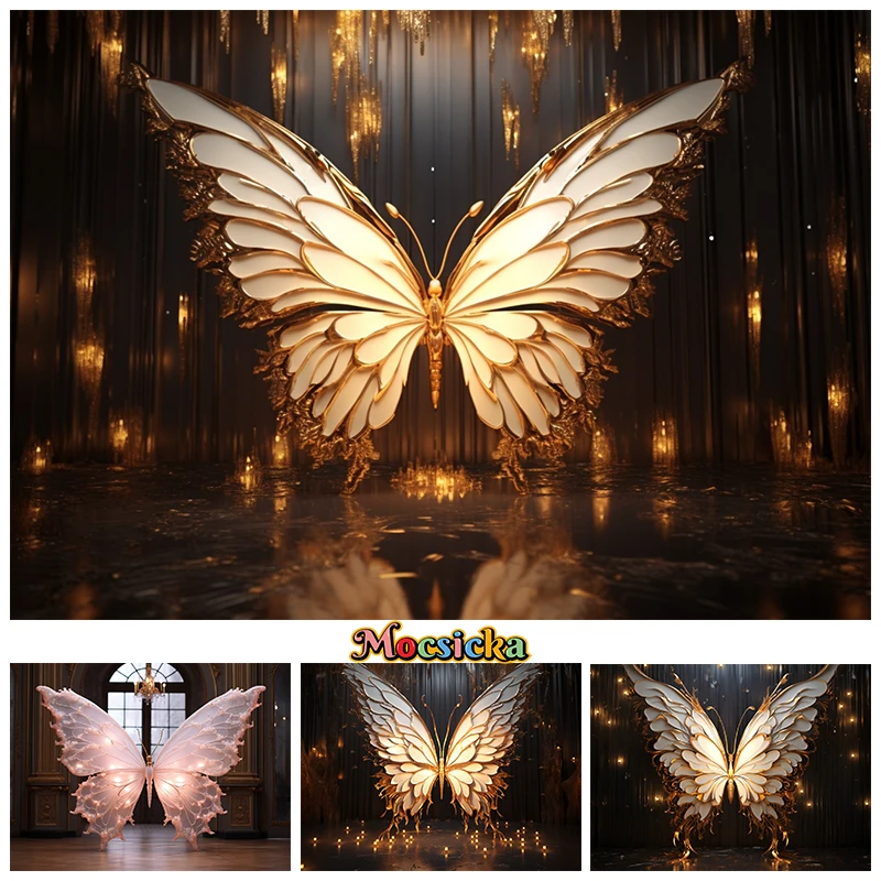 Golden Butterfly Backdrop Photography Adult Baby Shower Girl Birthday Background Decor Family Photo Studio Giant Wings Backdrops