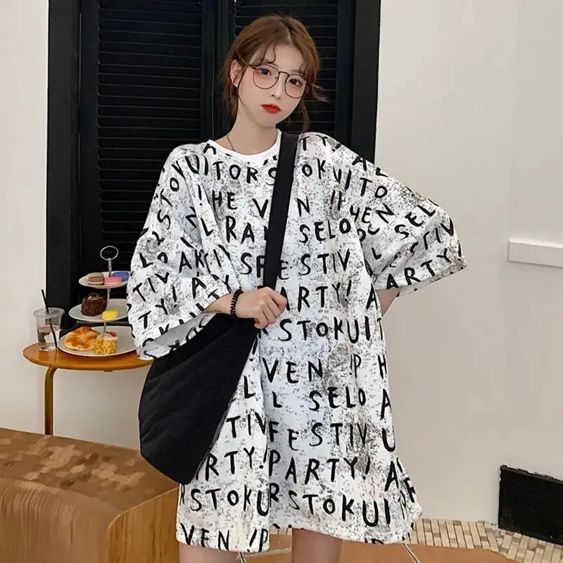 

Summer Oversized Women Clothing Casual O-neck Short Sleeve T-Shirts Female Loose Letter Mid Length Top Trend Printing Top Tee