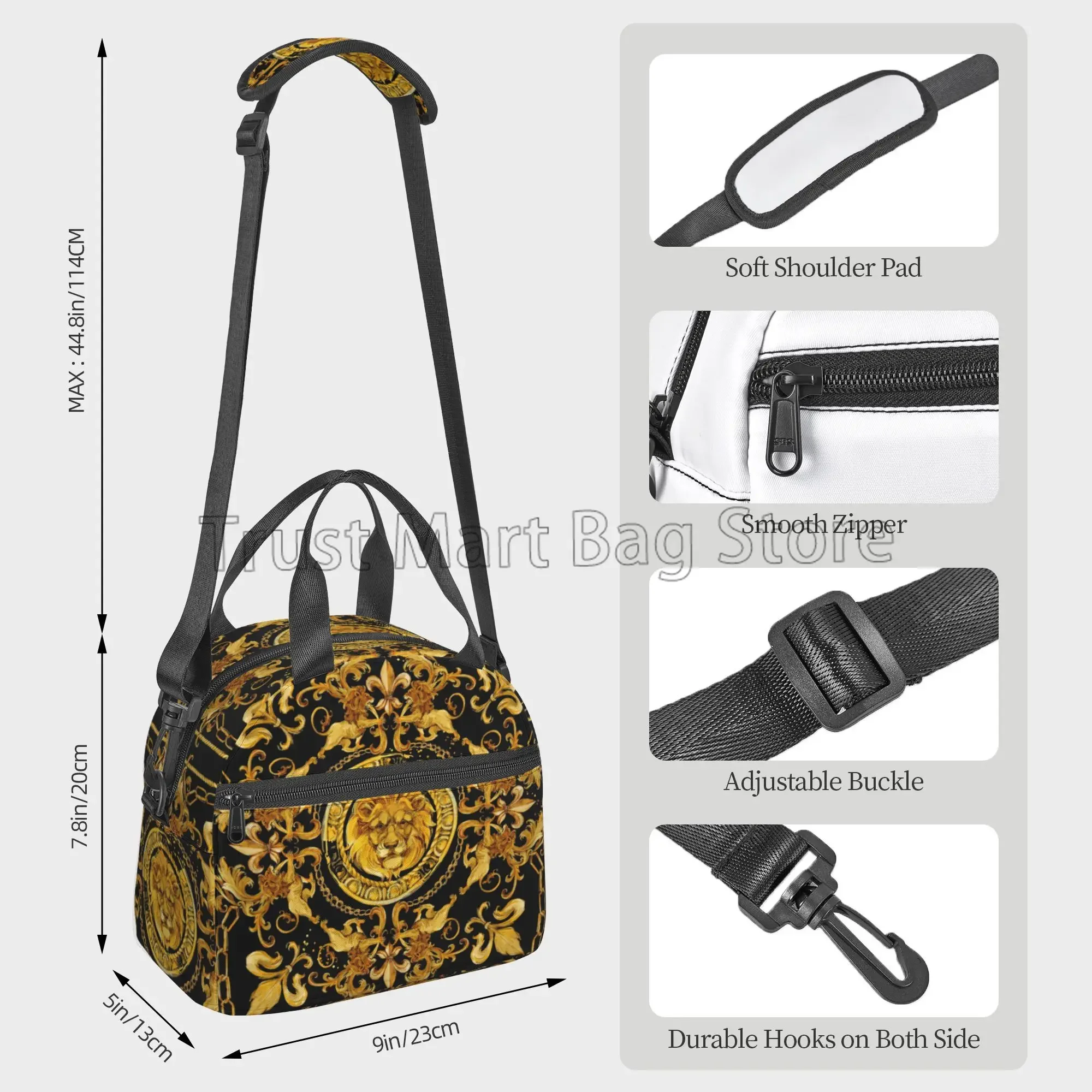 Golden Lion Baroque Print Thermal Lunch Box Reusable Large Capacity Insulated Bento Tote Bags for Work School Picnic Travel