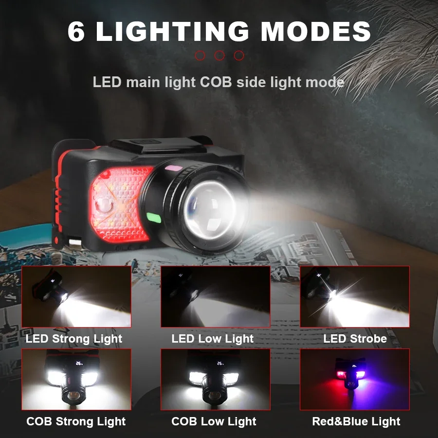 Multifunctional LED Headlights USB Charging Rotating Zoom Outdoor Work Lights Waterproof Fishing Hunting Flashlights