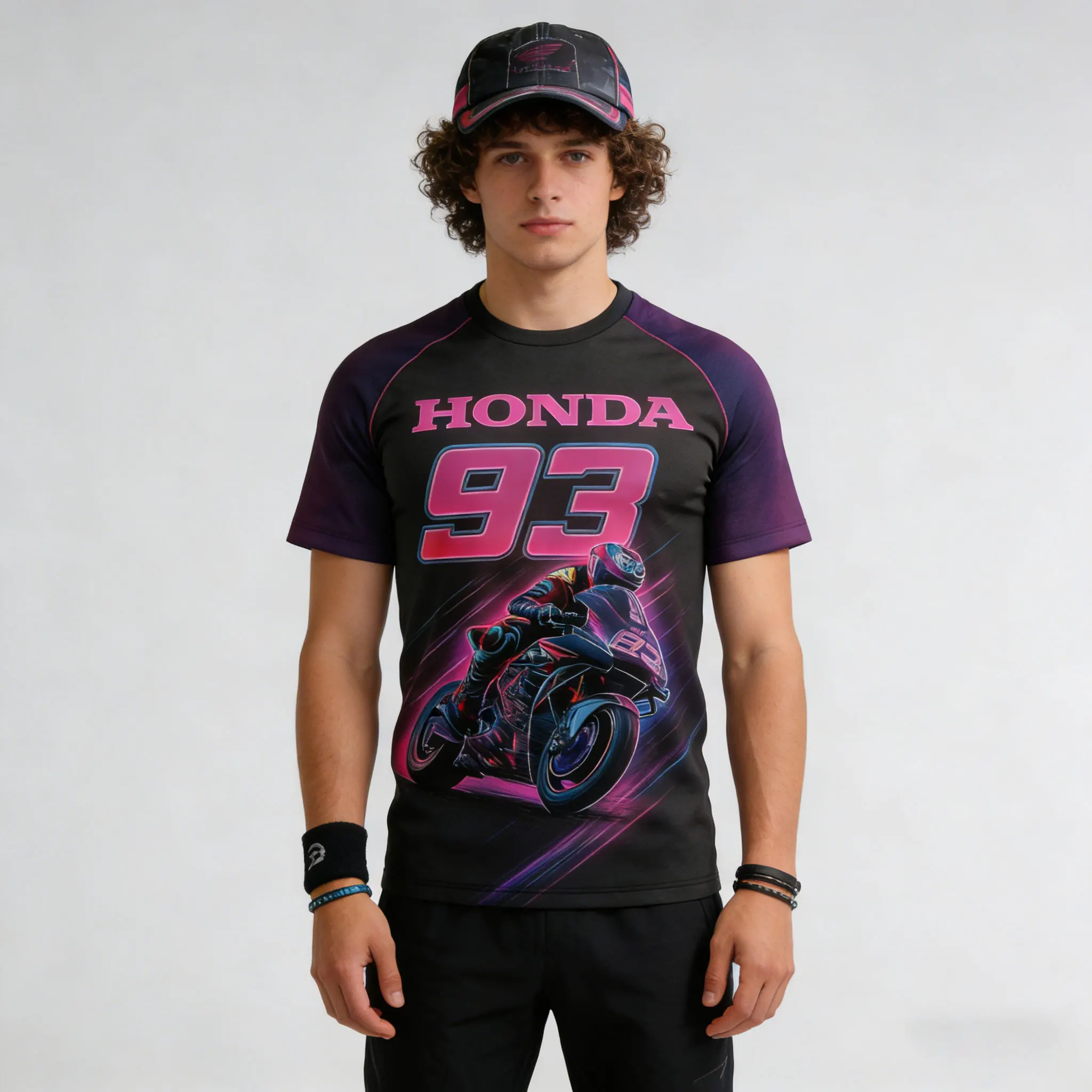 

Honda 93 Racing Mens Short Sleeved Round Neck Tshirt Motorcycle Racing Trend Black Purple Breathable Fast Drying Sports Popular