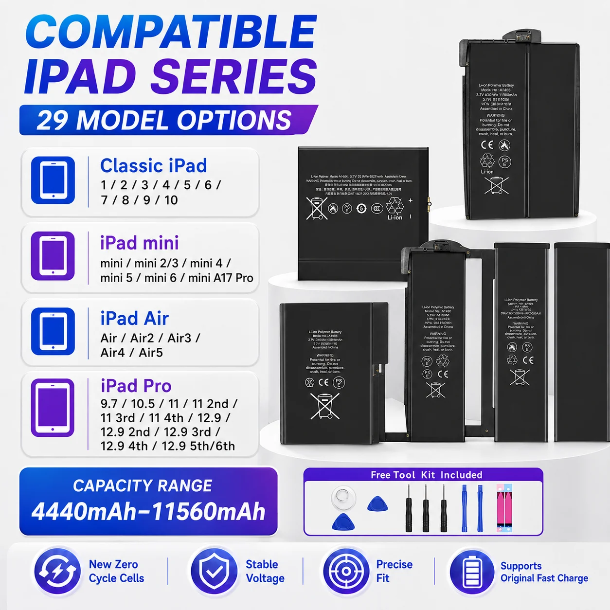 Tablet Replacement Battery for iPad Mini 1 2 3 4 5 6, iPad Pro 9 10 11 12, iPad 1 2 3 4 5 6 7 8 9 10