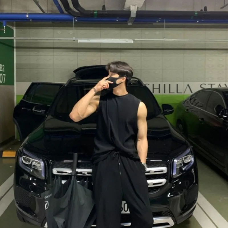 

Men's Ice Silk Cooling Fabric Summer Activewear Set Sleeveless Quick Dry Gym Vest Loose Fit Casual Long Pants Sport Outfit