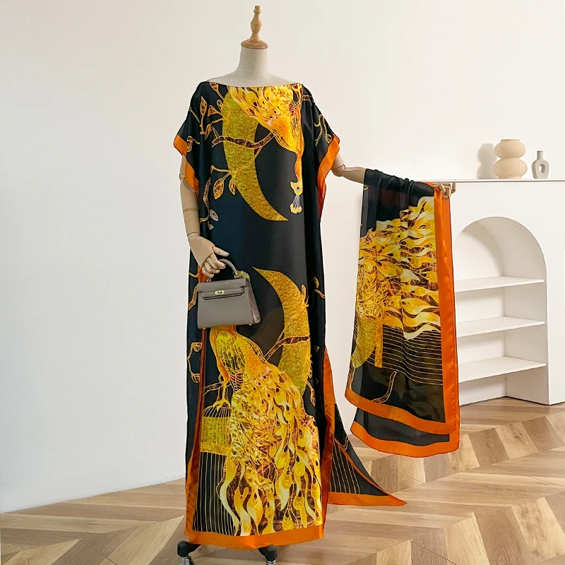 Summer Fashion African Dresses For Women Elegant Printed Silk Muslim Lady Long Hijab Kaftan Dress Sun Protection Kuwait Abaya
