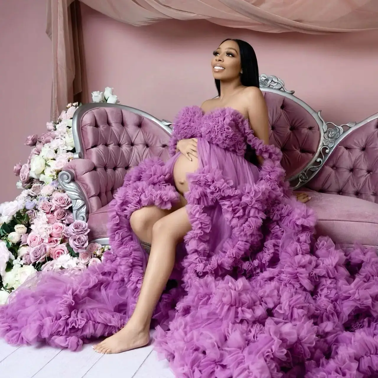 Glamorous Purple Maternity Robes for Photoshoot Tiered Ruffles Tulle Pregnant Women Dresses Sexy Front Split Baby Shower Gowns