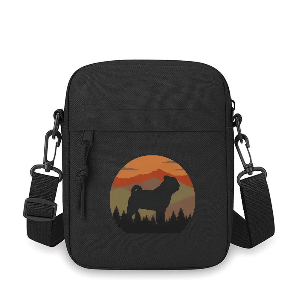 

Pug silhouette forest sunset mountain Men Crossbody Bag Single Shoulder Women Cartoon Anime Film Printing Design Unisex
