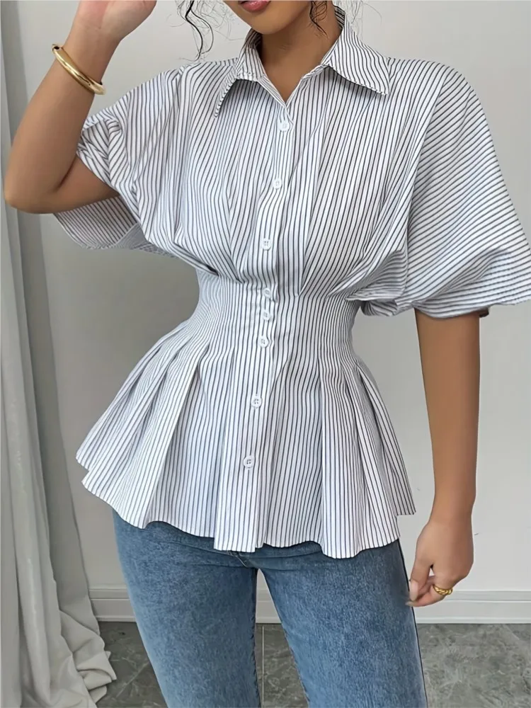 Camisa elegante a rayas para mujer, camisas con botones y cuello vuelto de manga corta a la moda, Tops para mujer, ropa de oficina para vacaciones