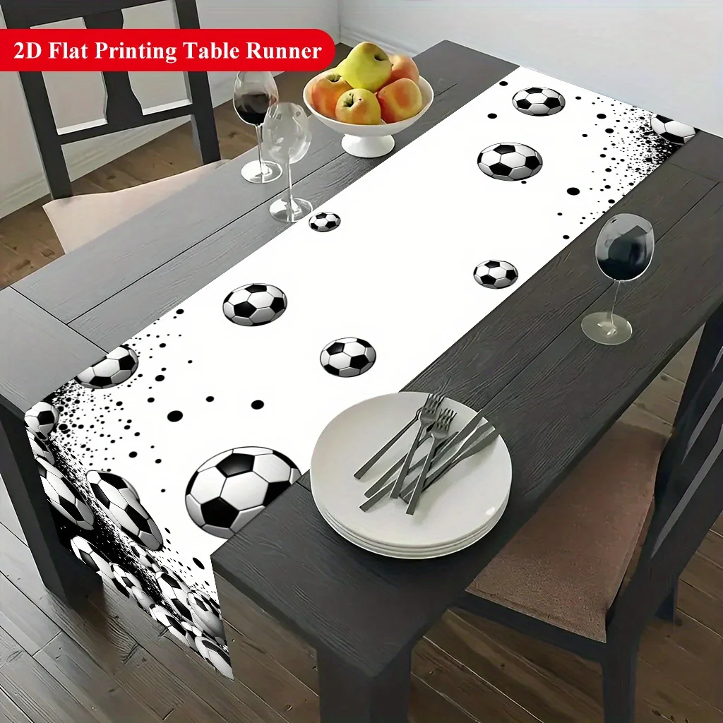 1PC Soccer-Themed 2D Printed Table Runner, Black Multi-Ball Design, Polyester for Home Party & Festival Decor