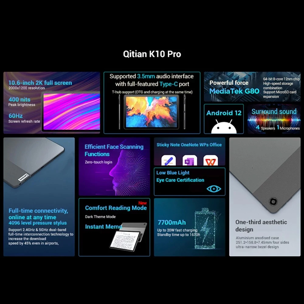 Lenovo Qitian K10 Pro Tablet globale Version Pad 10.6 \'\'60Hz Display Media tek G80 8 Kern max 1,8 GHz 4GB 128GB 7700mAh