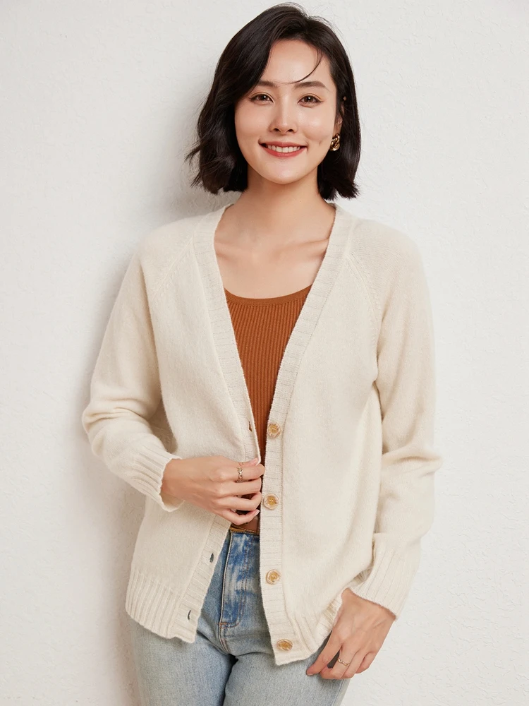 New Chic 100% Merino Wool Sweater Women V-neck Cardigan  Autumn Winter Warm Loose Cashmere Knitwear Soft Warm Fashion Tops