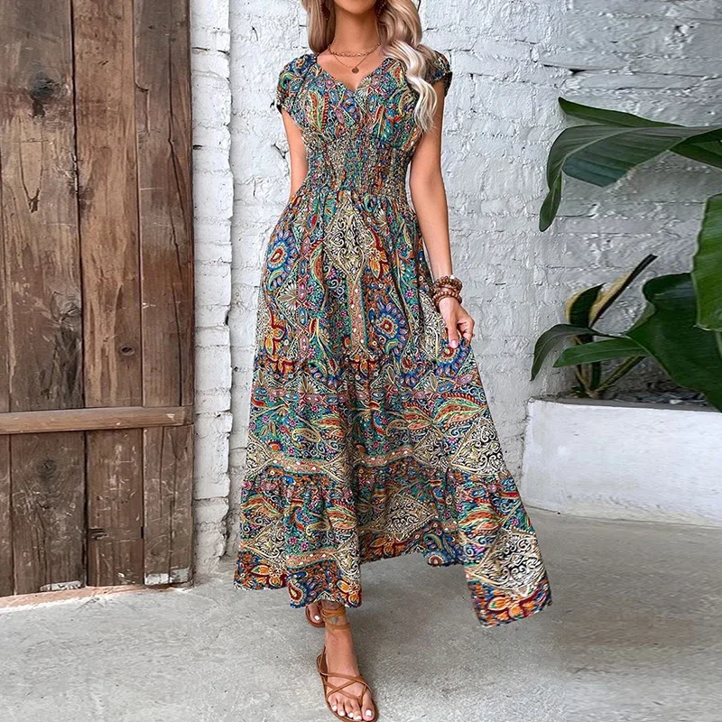 Women Vintage Print Long Dress 2023 Summer Sexy V Neck Short Sleeve A-line Dress Female Elegant Elastic Waist Maxi Dresess Robe