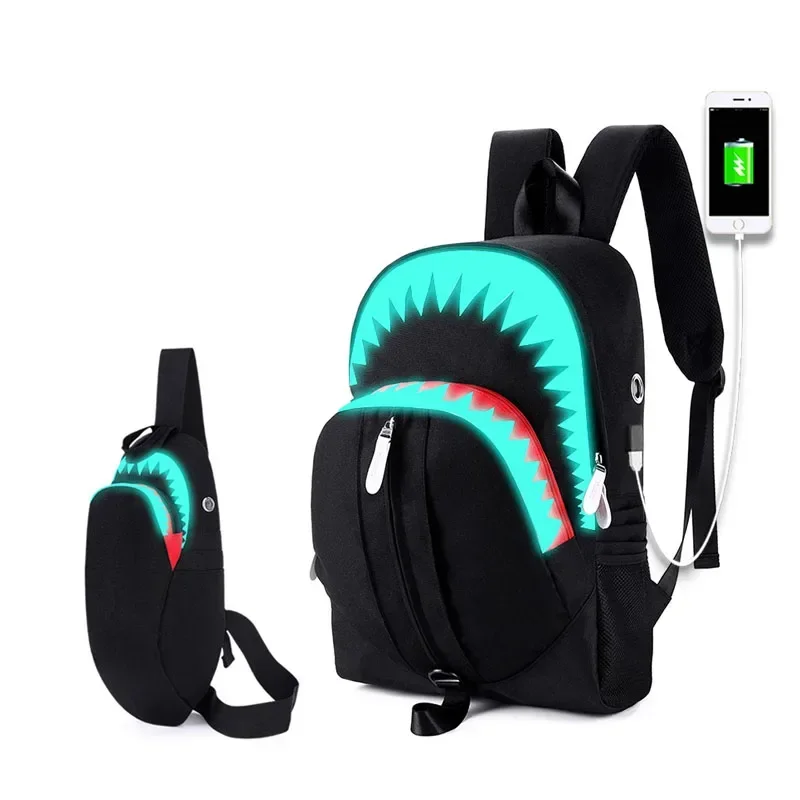 

Fashion Backpack USB Charging Night Luminous Shark Laptop Backpack Students Chest Bag Teenagers School Bags Travel Bag