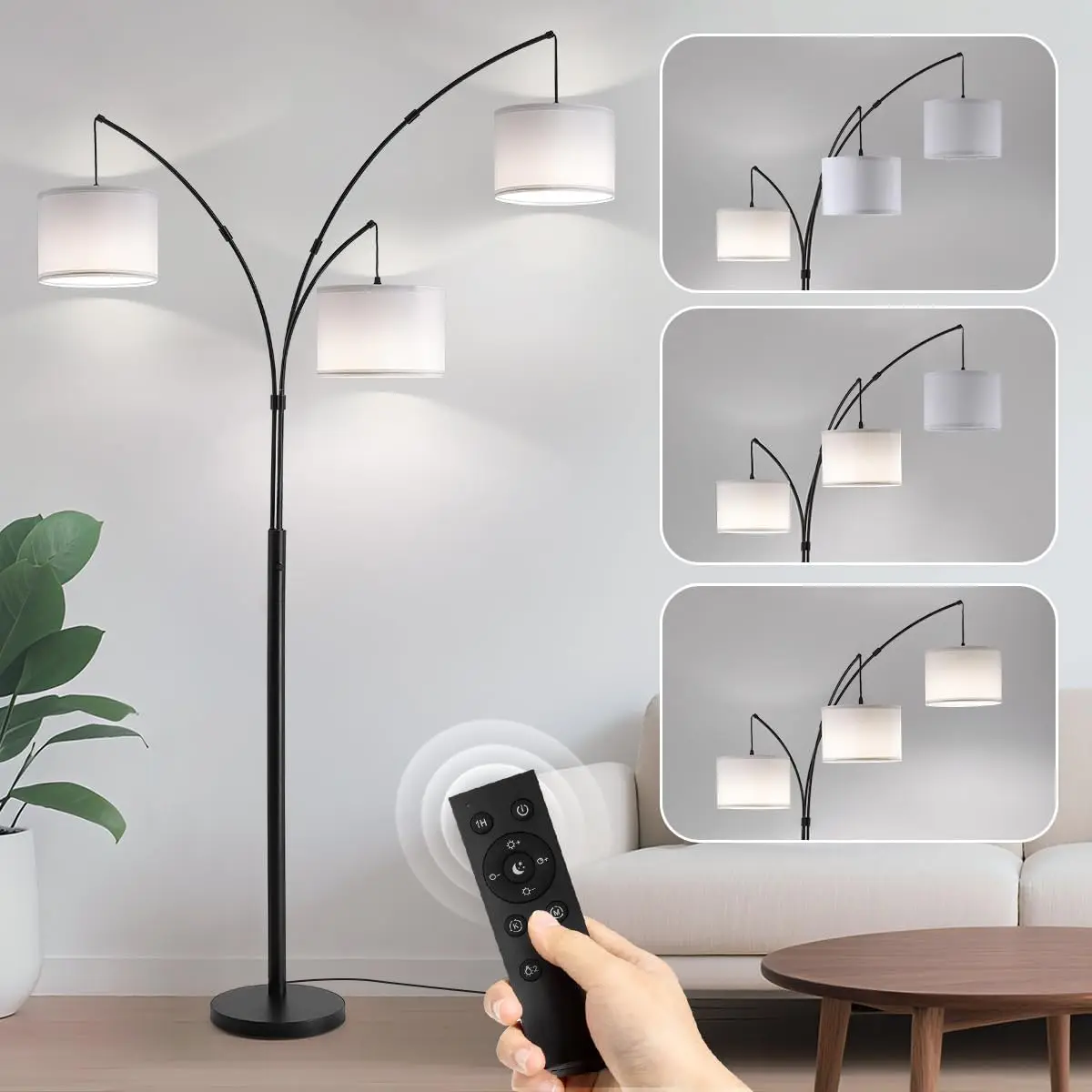 Floor lamp with Remote, 3 Light Arc Floor Lamps for Living Room, 2400LM Tall Standing Floor Lamps with White Shades, 80