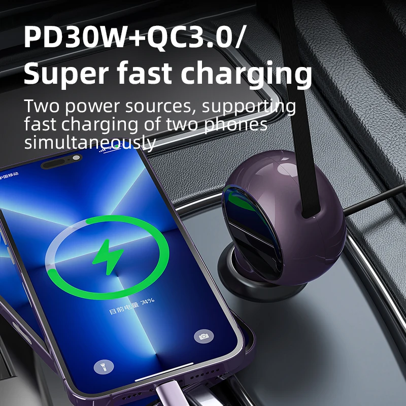 

2 IN 1 Retractable Car Charger Type C Cable Fast Charge Cord Cigarette Lighter Adapter PD30W QC3.0 For IPhone Huawei Samsung