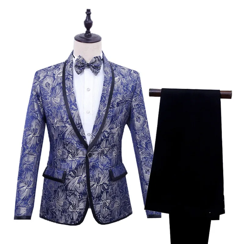 

Men Suits Nightclub Blue Printing Single-breasted Gown Suit Suits Man England Cultivation Preside Costumes Suits for Men