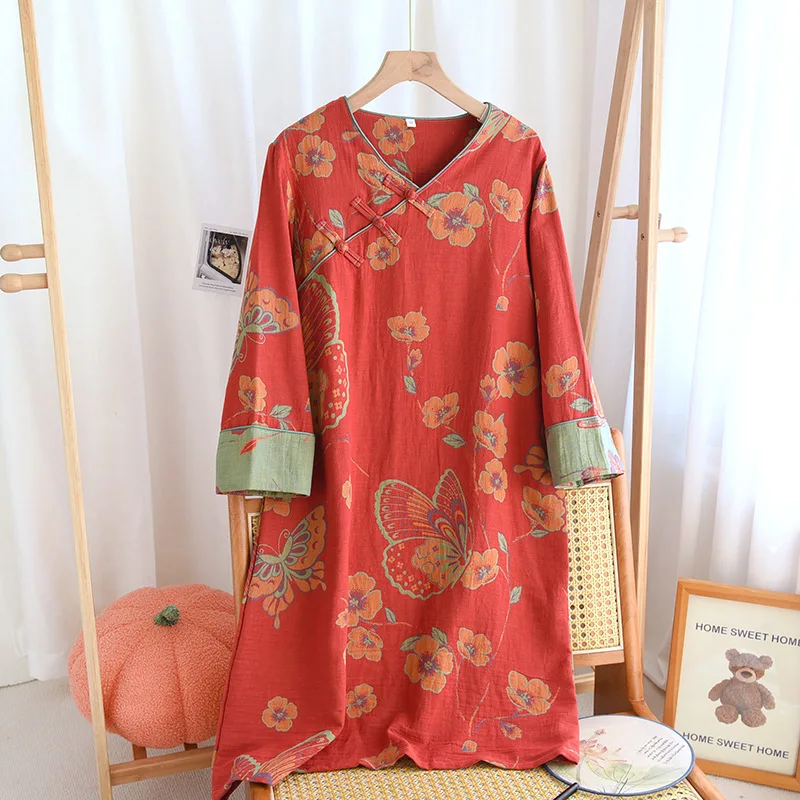 Retro Style Button Up Jacquard Nightgown for Women's Spring/summer Thin Home Clothing Loose Medium Length Dress