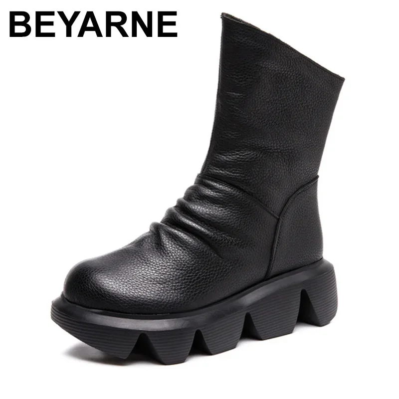 BEYARNE Ankle Boots Women Genuine Cow Leather Platform Bootie Side Zipper Soft Comfortable Autumn Winter Ladies Shoes Handmade