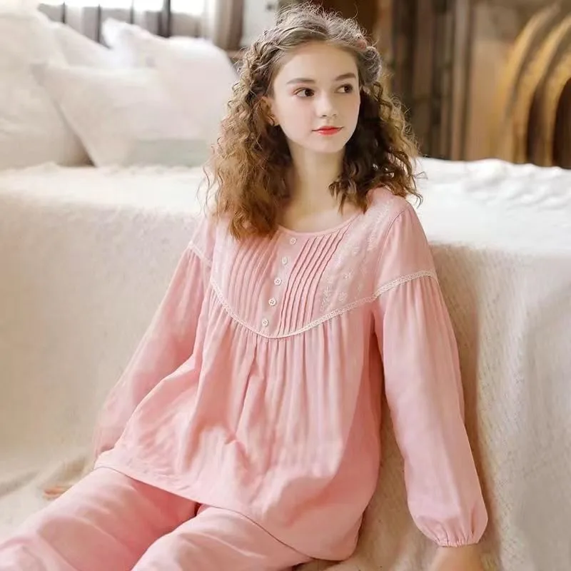 

Fashion Sweet Princess Style Long-sleeved Loungewear Set Japanese Cotton Yarn Three-layer Soft Gauze Pajamas Women's Spring Fall