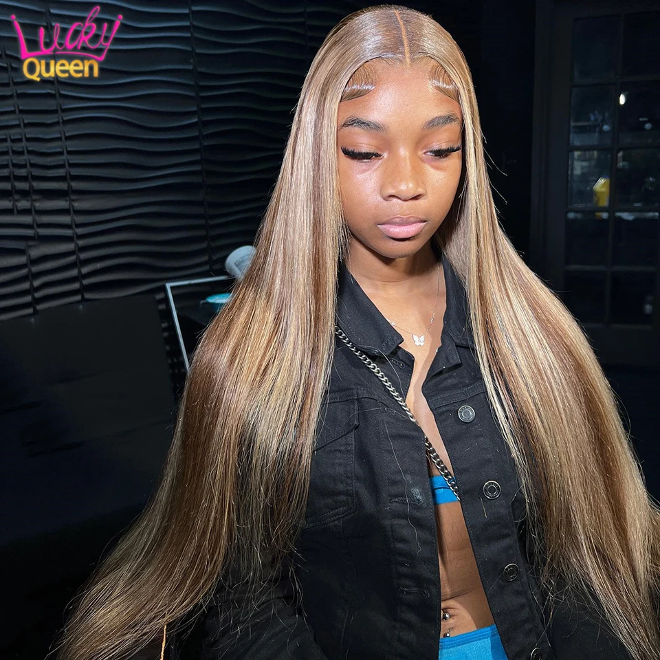 Highlight 13x4 Transparent Straight Lace Front Wigs 180% Density 4/27 Colored Honey Blonde Wigs For Black Women Pre Plucked