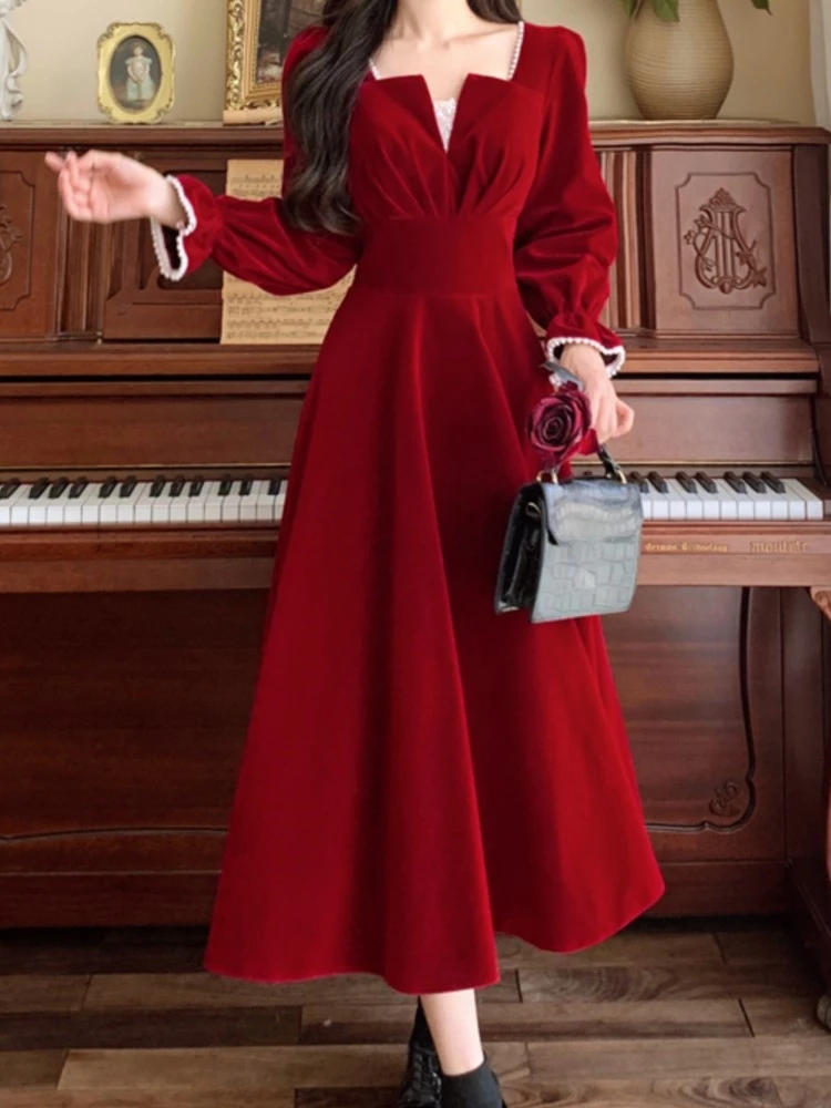 French Vintage A-line Wedding Party Dress Women Autumn Elegant Long Sleeve Backless Red Vestidos Mujer Princess Robe Spring New