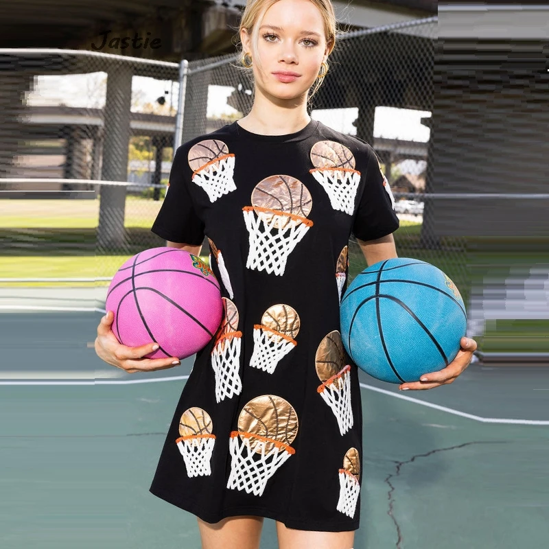 2024 New Basketball Sequin Patchwork Bling Women T-shirts O-neck Straight Short Dress Woman Shinny Casual Sporty Tees Tops