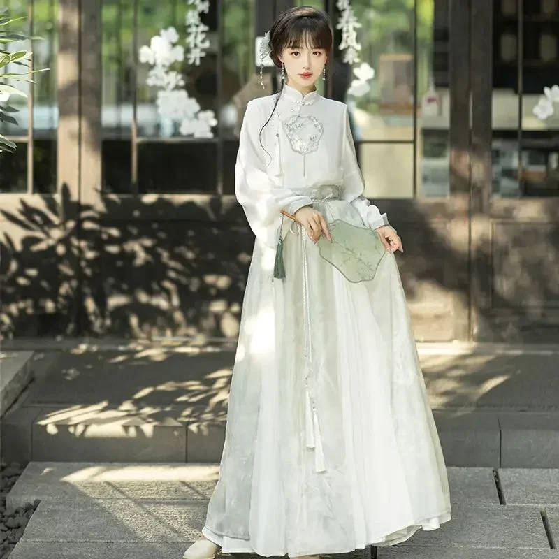 Improved Modern Fan Embroidered Long Sleeved Hanfu Top Skirt Women 2023 Autumn High Quality Elegant Tea Clothes Vestido Oriental