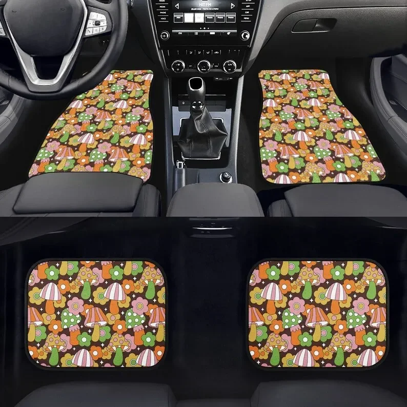 Retro Hippie Mushrooms Car Floor Mats - Vintage Conversion Van, Shrooms Stoner Car Accessories, 60s 70s 80s Flower Child, Woodst