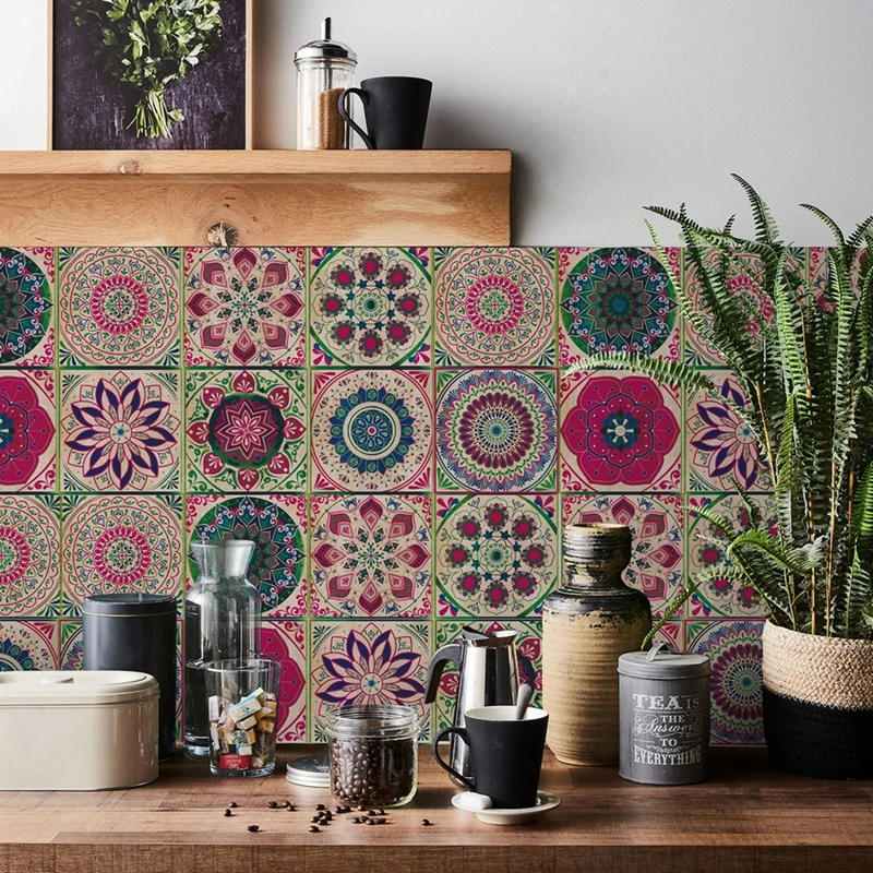 24pcs Moroccan Style Wall Stickers Waterproof Wall Paper Living Room Bathroom Kitchen Decorative Art Retro Mandala Tile Stickers