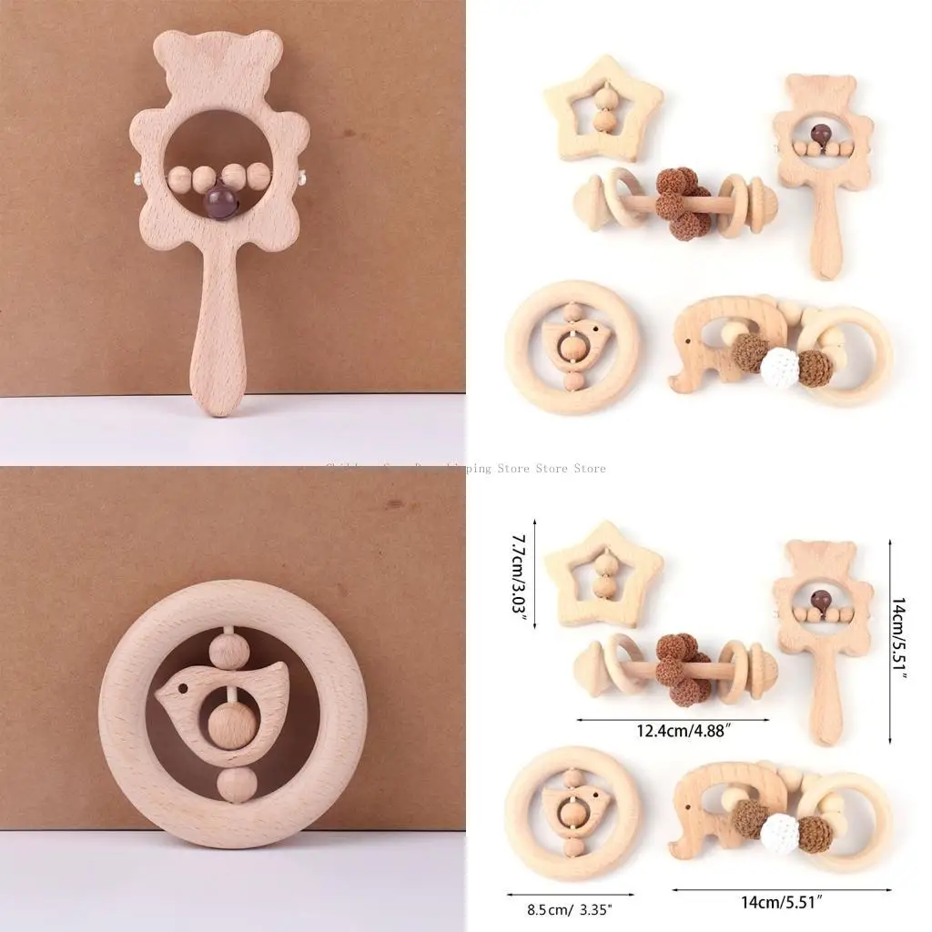 

5 шт. детские погремушки натуральный деревянный прорезыватель крючком браслет из бисера музыкальный колокольчик