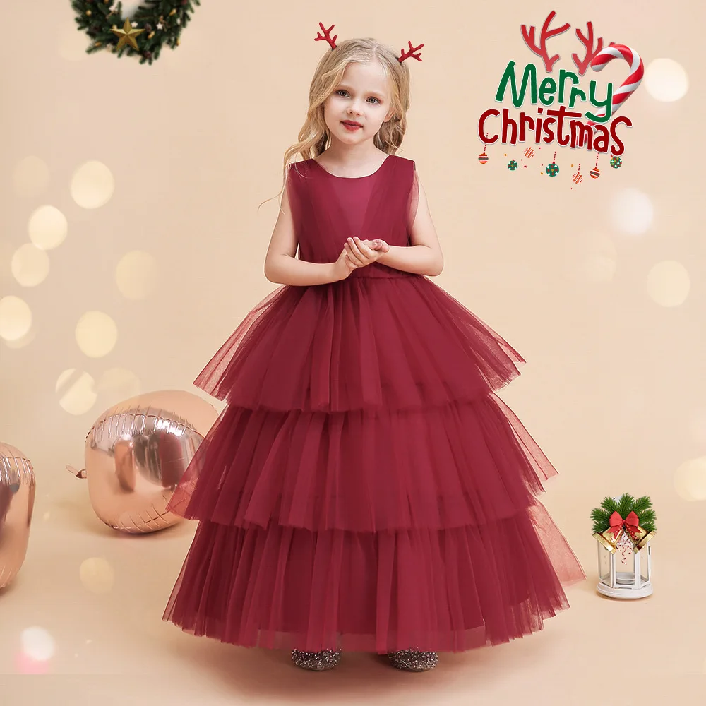 

Christmas Red Dress Girl Princess Dress Elegant Layered Wedding Dress Xmas Girls Party Dresses Gown Children's New Year Dress