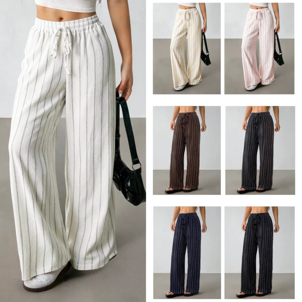 Elegant Wide Leg Trousers For Women Casual Loose Fit Drawstring Waist Striped Color Block Comfortable Fashionable Pants
