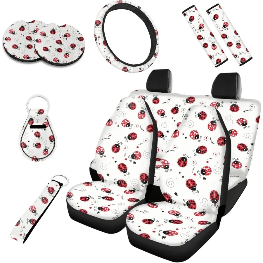 

Cute Ladybug Spiral Dot 10pcs Car Accessories Set Red Ladybug Print Car Seat Covers Full Set for Women Bucket Seat Protectors f