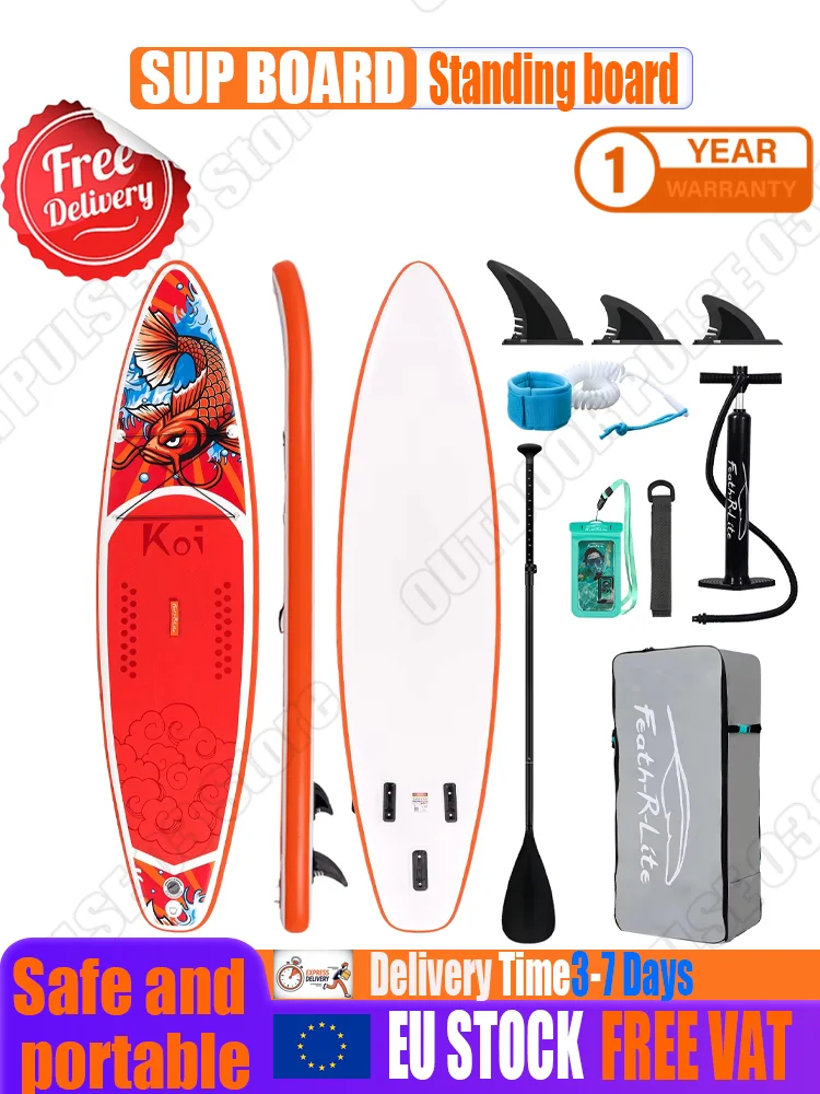 FeathRLite Aufblasbares Stand-Up-Paddleboard SUP 335x83x15cm SUPFR01D Koi-Drachen-Design SUP-Surfbrett mit Paddel, Pumpe, Rucksack, 3 Finnen, Leash, Gurt, wasserdichter Tasche, rutschfestem EVA-Deck