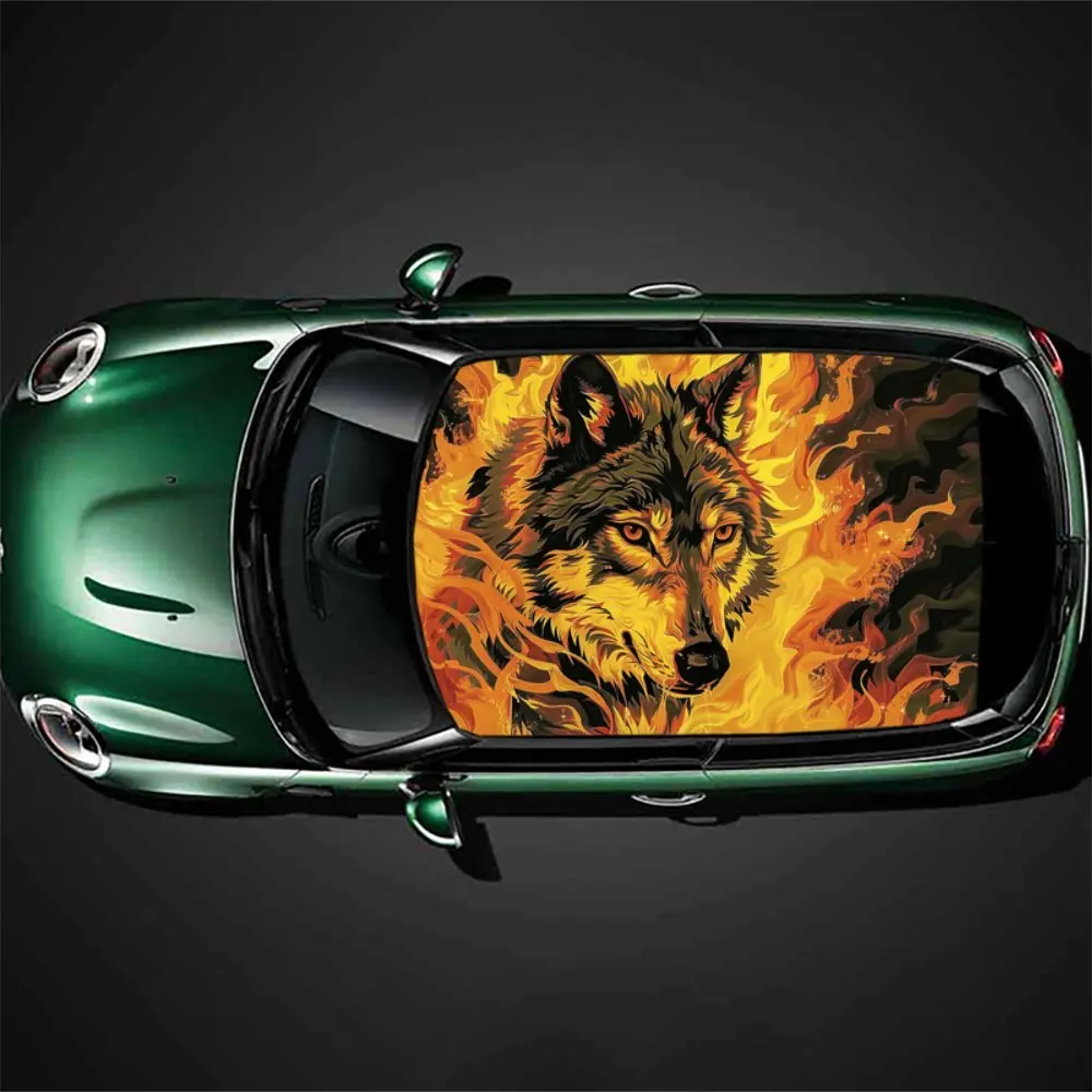 Flame Wolf Face pattern car vinyl wraps, car roof graphic stickers, instantly ignite your driving passion